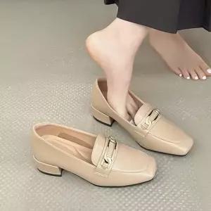 여성 미들힐 로퍼힐 스퀘어토 장식 구두 포인트 쿠션 신발 (WFJ5TQ5)