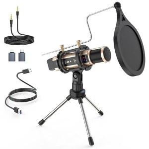 [미국배송] ZEALSOUND 스튜디오 녹음 마이크 스탠드 내장 사운드 카드 에코가 있는 콘덴서 방송 휴대폰 PC 차고 밴드 SMULE 라이브 스트림 및 YOUTUBE를 위한 노래방 (골드)