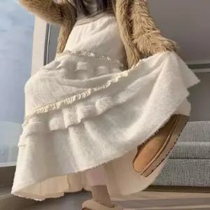 미니코코네 여자 쉬폰 스커트 시폰 레이스 뽀글이 가을 겨울 하이웨스트 슬림핏 A라인 캉캉 롱 DOS4