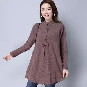 율랑팡 여성 체크셔츠 면 체크 긴팔 셔츠 봄가을 하프 하이넥 빅사이즈 캐주얼 HO3