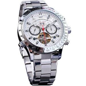 포시닝 남성 투르빌론 기계식 자동 바람 시계, 요일 월 캘린더, 발광 타키미터 다기능 조각된 빅 다이얼 스테인리스 스틸 밴드 손목 시계