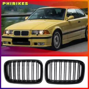 자동차 그릴망 튜닝 2Pcs 스타일 광택 블랙 전면 신장 더블 슬랫 그릴 BMW 호환 E36 1992 1993 1994 1995 1