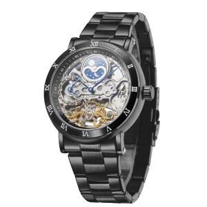 포시닝 남성용 기계식 자동 이동 패션 스켈레톤 달 페이즈 손목시계 스테인리스 스틸 팔찌