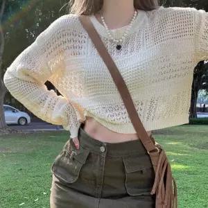 여성 시스루 여름 썸머갬성 가볍고 시원한 긴팔 루즈핏 크롭 그물 니트 (WFJ70CX)