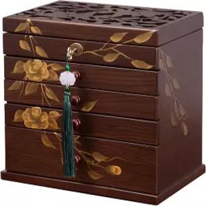 Xloverise 수작업 장미 주얼리 박스 우드 포 와우엔 서랍장 4개가 있는 6겹 나무 정리함 잠금 장치가