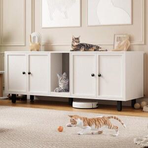 온브릴 63인치 고양이 쓰레기통 2마리용 인클로저, 스크래치 패드가 있는 숨겨진 가구, 더블룸이 대형 실내 애완동물 집, 나무 TV 스탠드 사이드 테이블, 오프 화이트