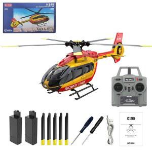 성인 초보자를 위한 H145 C190 1/30 스케일 원격 제어 헬리콥터, 6CH 2 4G 6축 자이로 6G RC 헬리콥터 싱글 로터 노에일론 고도 호버 / 광류 위치 지정 - 레드 옐로우 배터리