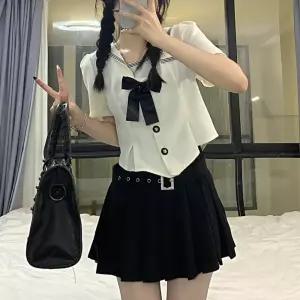 아이보리 퍼프절개 반팔 버클치마 세라복 교복세트