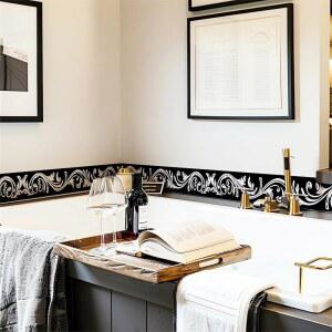 블랙 플로럴 몰딩 벽 테두리 스티커, 사시노라 스키팅 허리 라인 데칼 탈착식 비닐 필 앤 스틱 욕실 침실 주방 거실 문 트리밍 거울 프레임 프릴 홈 장식