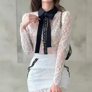 [옷자락]여성 파티 스타일 리본 칼라 시스루 레이스 디자인 블라우스