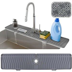 재사용 가능한 다용도 설거지 스크러버가 있는 주방 싱크대용 AAURU 24인치 긴 수도꼭지 매트, 5 경사 프리미엄 싱크대 스플래시 가드, 빠른 자동 배수 실리콘 매트(회색)