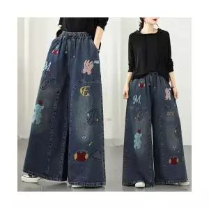여성 스타일 완성 배기핏 청바지 가을 겨울 빅사이즈 바지 소프트 데님 빈티지 캐릭터 자수 밴딩 캐주얼 와