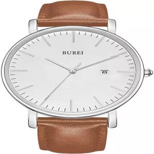 BUREI 남성 브라운 가죽 패션 미니멀리스트 손목시계 심플 초박형 방수 쿼츠 시계 올 블랙 스테인리스 스틸