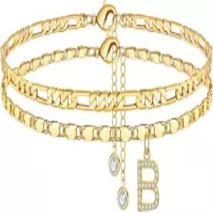 여성 우르스틸 발목 팔찌 14K 금도금 다인층 체인 CZ 초기 발찌 세트 여름 보석 선물