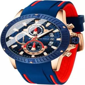 MF 미니 포커스 남성 시계 크로노그래프 방수 스포츠 아날로그 쿼츠 블루 실리콘 스트랩 패션 손목시계