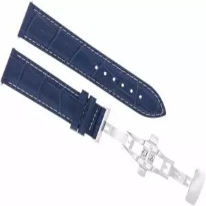 불로바 96A118 96A101 96G175와 호환 22mm 가죽 시계줄 스트랩 흰색 스티칭으로 파란색 잠금 장치 장착