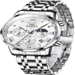 OLEVS 남성 스테인리스 스틸 크로노그래프 시계 빅 페이스 로마 숫자 날짜 아날로그 쿼츠 원피스 패션