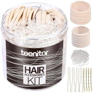 여성 및 용 티니터 헤어 액세서리 키트: 탄력 있는 밴드 500개, 포니테일 홀더 30개, 심리스 두꺼운 바비 핀 40개(베이지)