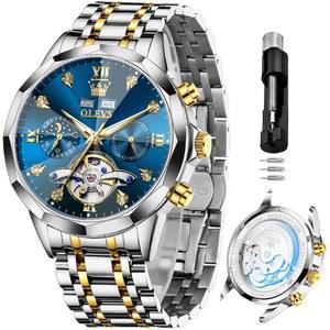 [미국배송] 남성용 OLEVS 자동 시계 비즈니스 드레스 기계식 스테인리스 스틸 방수 셀프 와인딩 클래식 데이트 럭셔리 다이아몬드 남성 손목시계