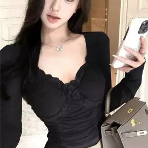 여자티 롱루즈핏 캡소매티셔츠 추동 브이넥 브라 레이스 긴팔 이너탑 원템4