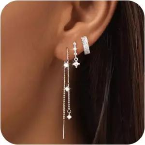 NECOCY 크리스마스 선물 여성 14K 골드 도금 체인 귀걸이 3/4쌍 당글 다인티 스택 후프 세트 트렌디한 큐빅