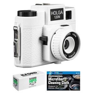 Ilford 5 120 필름 번들과 마이크로파이버 천이 포함된 Holga 120N 중형 포맷 카메라(화이트)