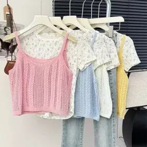 니트 크롭 조끼 뷔스티에 꽃무늬 티셔츠 세트 꽈배기