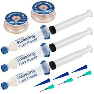 PCB, SMD 및 부품 납땜을 위한 3x10cc 무연 노클린 납땜 플럭스 2x10피트 디솔더링 윅(25mm) 전자 수리 키트