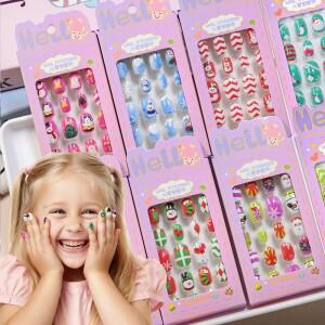 24개입 만화  크리스마스 프레스온 네일 귀여운 숏 사각형 눈사람 눈송이 인조 손톱 풀커버  장식