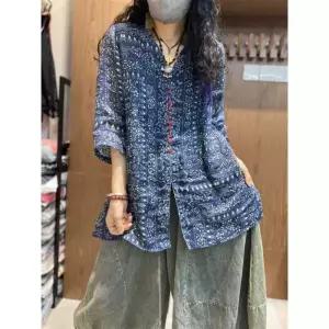 모시 셔츠 에스닉 여름 루즈핏 레트로 블루 반팔