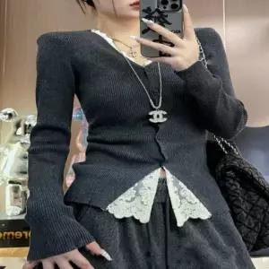 [keepick_킵픽] HL] 니트티 티셔츠 슬림 레이스 포인트 여리 v넥 반팔