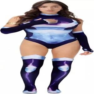 데마스코 여성 퍼플 프린트 바디수트 코스튬 신축성 있는 3D 점프수트 할로윈 코스프레 유니폼 의상