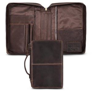 남녀용 헌터 & 스크라이브 가죽 성경 커버 - 탑 그레인 포켓, 지퍼, 북마크가 있는 정품 케이스 책 라지 다크 브라운