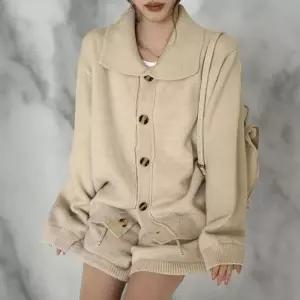 여성 루즈핏 카라 니트 가디건 반바지 세트