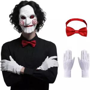 남성용 빌리 코스튬 마스크 무서운 할로윈 공포 영화 킬러 코스프레 빨간 나비 넥타이와 흰색 장갑이 달린