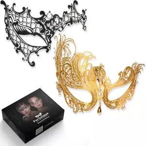 커플 여성과 남성을 위한 가면극 마스크 - 베네치아 골드 및 블랙 레이스 3팩 마디 그라