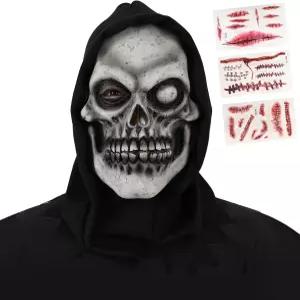 후드가 달린 YUIQPKJX 해골 마스크 저승사자 라텍스 풀페이스 의상 액세서리 할로윈 코스프레 파티 소품