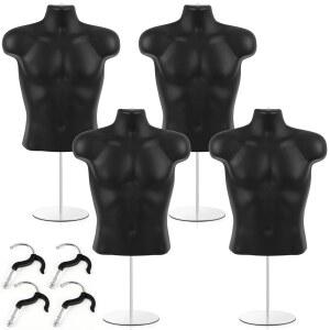 Getery 4팩 남성 마네킹 몸통 드레스 폼 바디 T 셔츠 디스플레이, 스탠드 및 걸이형 후크가 있는 카운터, 공예 전시회, 사진 또는 디자인, S-m 사이즈