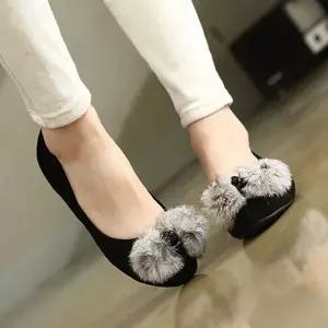 [하프클럽/]여성 리얼 토끼털 스웨이드 플랫슈즈