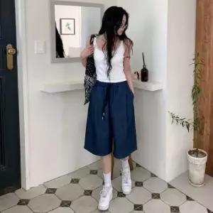 데님 조거팬츠 밴딩 반바지 와이드 핀턱 마리블 (WFKBMSU)