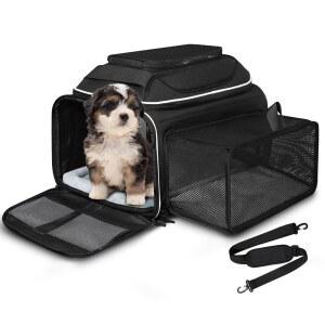 펫스케드 상단 및 측면 확장형 반려동물 18x11x11 인치 델타 유나이티드 항공 승인, 안전 지퍼와 긁힘 방지 메시 블랙 가 있는 소형 고양이 반려견용 소프트 사이드