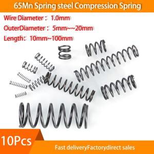 10Pcs 직경 1.0mm 65Mn 압축 스프링 원통형 코일 리턴 5mm-20mm 릴리스 압력 L10-100mm