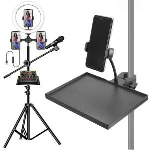 마이크 스탠드 트레이용 모바일 폰 클립 사운드 카드 1개 라이브 삼각대 조절 가능 클램프 온