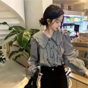 [하프클럽/]빅카라 블라우스 루즈핏 패턴 체크 편한