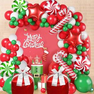 크리스마스 풍선 아치 키트, 다크 그린 레드 화이트 & 선물 상자 라운드 지팡이 스타 포일 용품 파티 장식