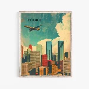 터닙 디자인 8X10 언프레임 휴스턴 텍사스 레트로 시티 도시 풍경 아트 프린트 포스터 일러스트 홈 데코