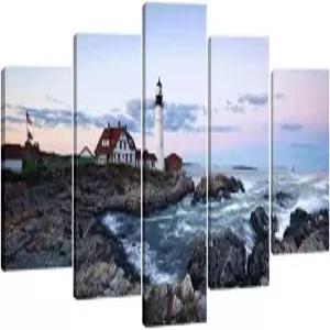위코 아트 대형 캔버스 인쇄 월 포틀랜드 등대 풍경화 주방 욕실 홈 데코 벽 장식 5 패널 모던 갤러리 랩드