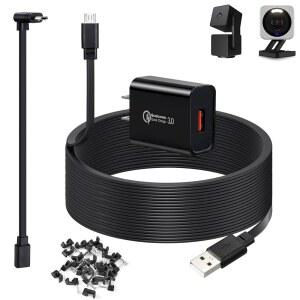 Wyze Cam v4, 캠 팬 v3, OG, v3 Pro 카메라용 15.2m(50피트) 전원 코드 - 15m 길이의 플랫 연장 마이크로 USB 충전 케이블, L자형 짧은 어댑터 및 18W 고속 충전기, 블랙