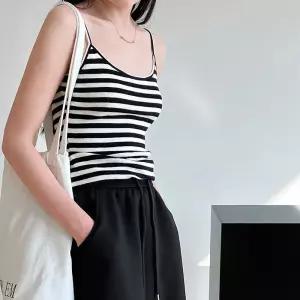 미스아미 여름 슬림핏 민소매 니트 끈나시 탑 여성 스트라이프 레이어드이너 웨어 티셔츠 골지 얇은 슬리브