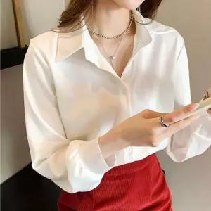 여성 깔끔한 카라 셔츠 긴팔 정장 오피스룩 루즈핏가을블라우스 브이넥 여자 오피스 면접 실크